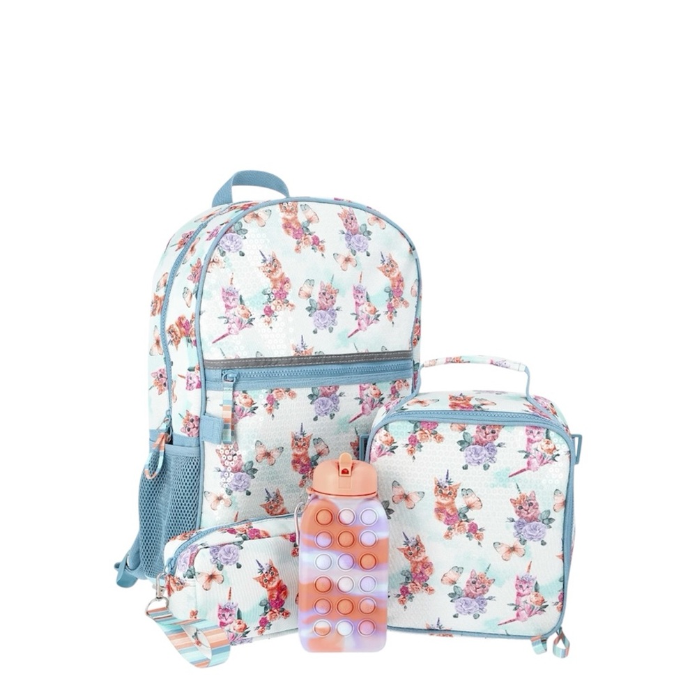 Floral Cat Backpack  Zip Pouch and Lunchbox Set with Water Bottle W